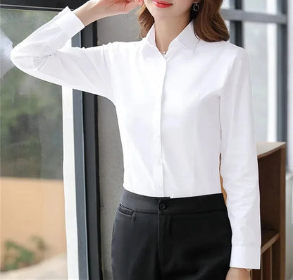 Women’s Solid Button Blouse — Long Sleeve Office Shirt, Elegant Work Top