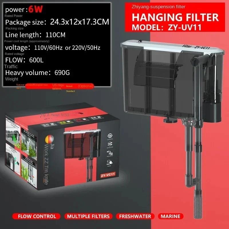 Wall-Mounted 3 in 1 Aquarium Filter – 110V/220V Circulation Pump with Waterfall Oxygenation for Small & Medium Fish Tanks