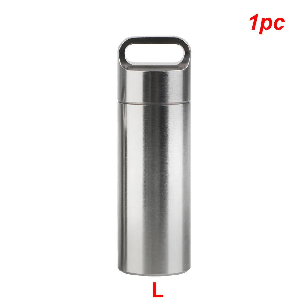 Stainless Steel Mini Pill Storage Box — S/M/L Waterproof Medicine Case with Keychain Seal Rings, Portable First Aid & Camping Pendant