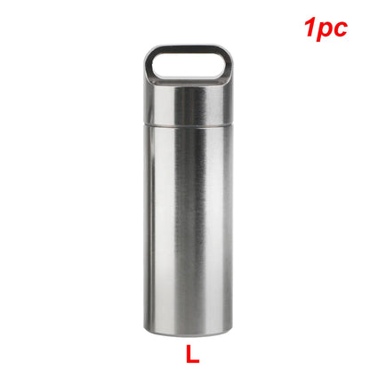 Stainless Steel Mini Pill Storage Box — S/M/L Waterproof Medicine Case with Keychain Seal Rings, Portable First Aid & Camping Pendant