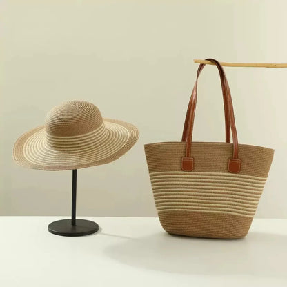 French Style Straw Handbag & Summer Beach Hat Set – Woven Bucket Bag with Fine Stripes