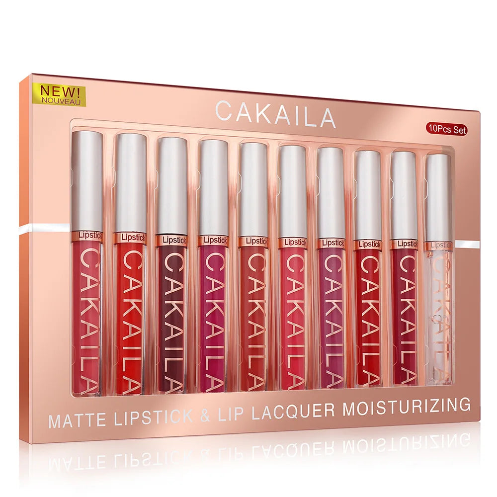 CAKAILA 10-Piece Nude Matte Lip Gloss Set – Waterproof Velvet Liquid Lipstick & Moisturizing Lip Tint for Women