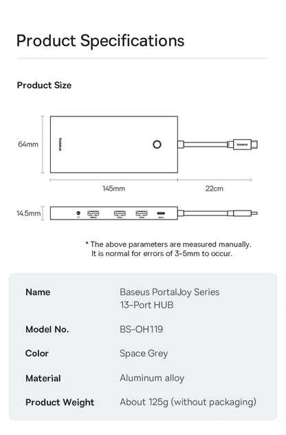 Baseus 13-in-1 USB-C Hub – HDMI, DP 4K 60Hz, RJ45, VGA, PD 100W, USB-A Adapter for MacBook & PC