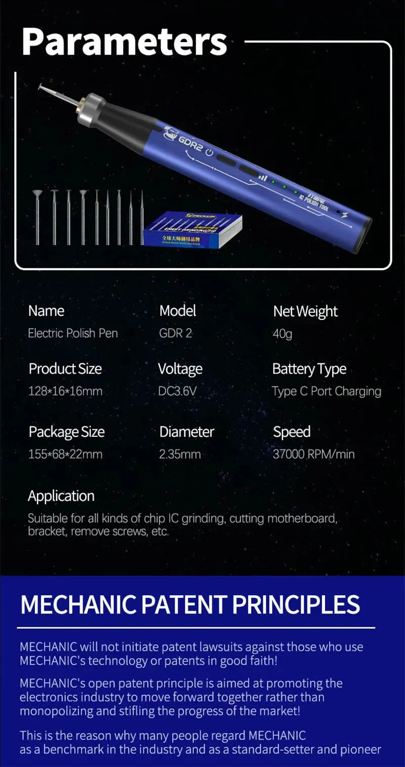 MECHANIC GDR2 Electric Polishing Pen — Multi-Function Tool for Mobile, PCB & CPU Repair