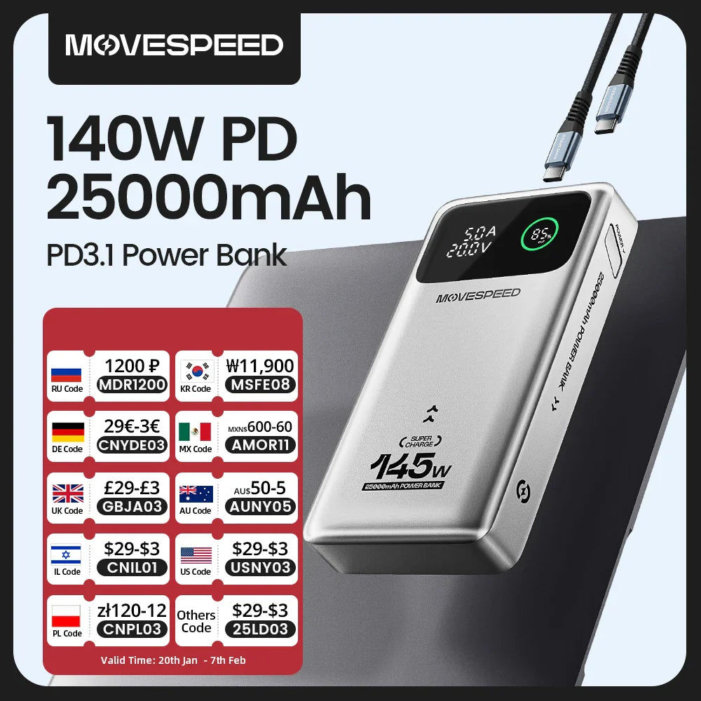 MOVESPEED M25Pro 140W Power Bank – 25000mAh Portable External Battery with Type C Fast Charge for iPhone, MacBook & Laptop