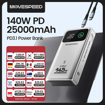 MOVESPEED M25Pro 140W Power Bank – 25000mAh Portable External Battery with Type C Fast Charge for iPhone, MacBook & Laptop