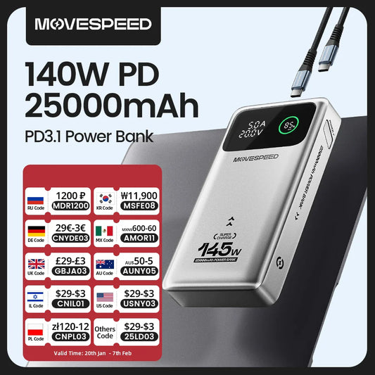 MOVESPEED M25Pro 140W Power Bank – 25000mAh Portable External Battery with Type C Fast Charge for iPhone, MacBook & Laptop