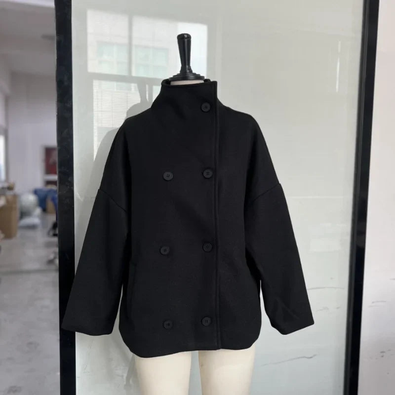 Women’s Short Woolen Coat - Stand Collar Loose Zipper Jacket for Spring Autumn Fashion Outerwear