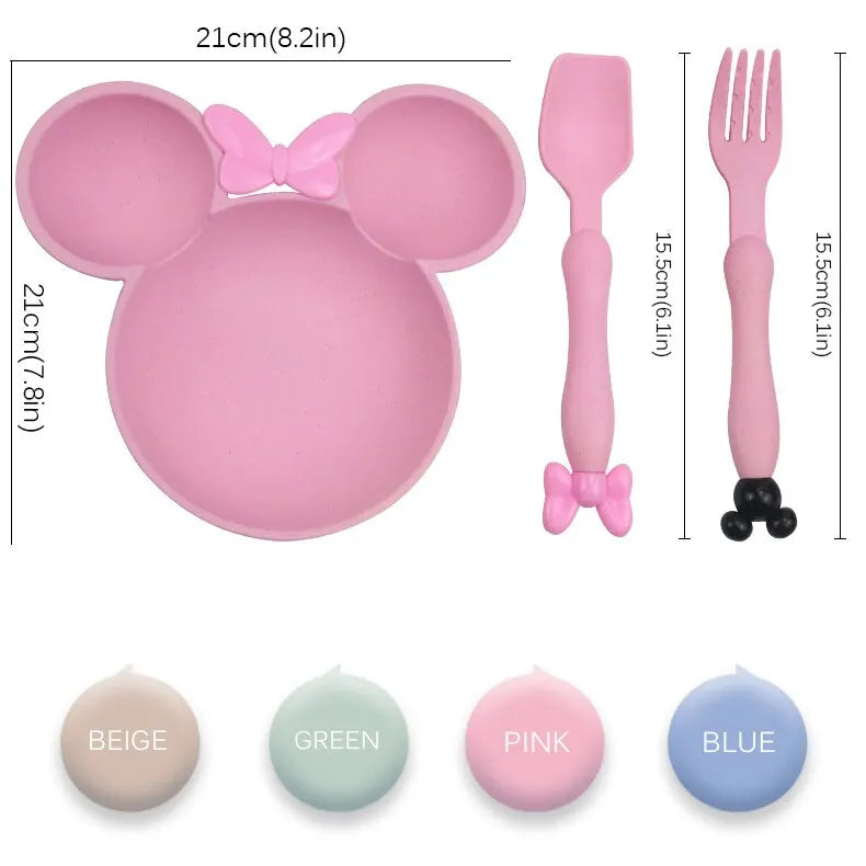 3Pcs/set Cartoon Baby Tableware Set: Wheat Straw Children's Dishes with Bowknot Food Plate, Spoon, Fork - Kids Dinner Feeding Plate