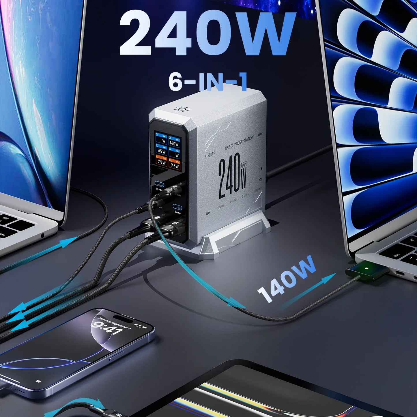 240W GaN Charging Station - 6-in-1 140W PD3.1 PPS USB-C Fast Charger with Digital Display