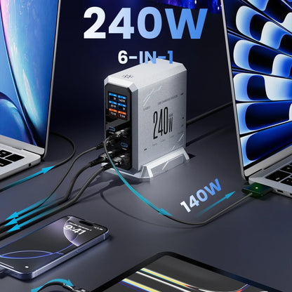 240W GaN Charging Station - 6-in-1 140W PD3.1 PPS USB-C Fast Charger with Digital Display
