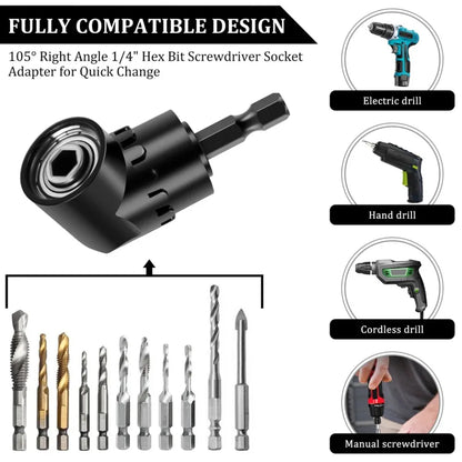 Flexible Drill Bit Extension & Right Angle Adapter Set – 105° Rotatable Hex Shank Screwdriver Bit Kit