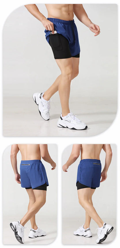 Men’s Quick-Dry Running Shorts — Black Double Layer Sport Workout Training Bodybuilding Shorts
