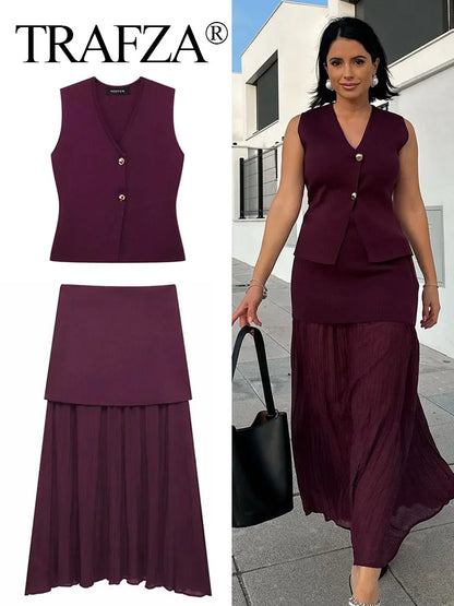 TRAFZA 2025 Women’s Wine Red Skirt Set – Knitted V-Neck Vest with High Waist Zipper Patchwork Long Skirt