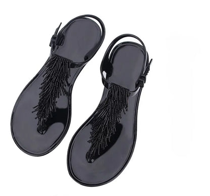 Women's Black Crystal PVC Flip-Flop Sandals – Low Heel Summer 2024 Luxury Footwear