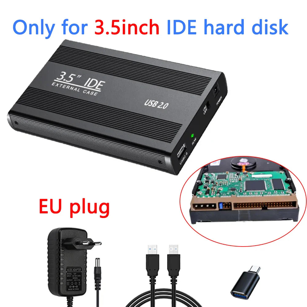 2.5"/3.5" IDE HDD External Enclosure — USB 2.0 Hard Drive Box for Desktop, PC, Laptop & Phone