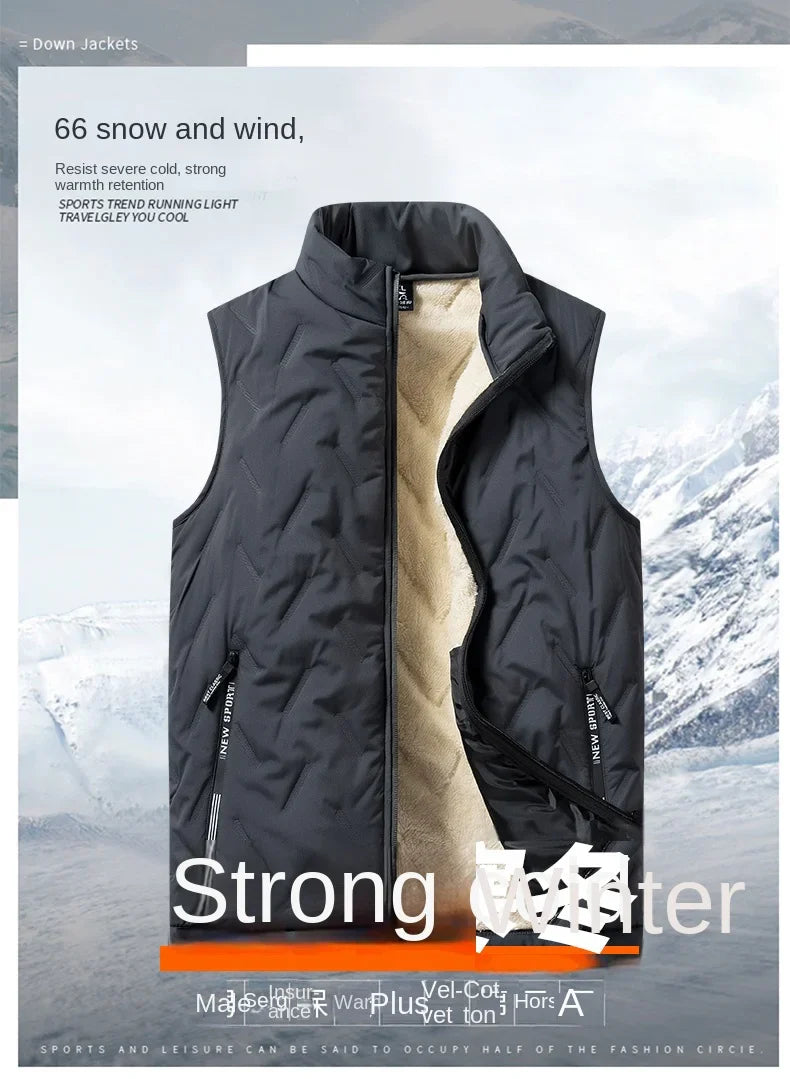 Men’s Autumn & Winter Cotton Vest Jacket – Casual Warm Sleeveless Top with Standing Collar, Plus Size Multifunctional Outerwear