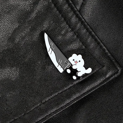 Cartoon Cat with Knife Enamel Pin – Funny Black Kitty Brooch Lapel Badge for Jacket Bag Jewelry Gift