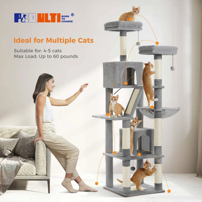 Large Cat Tree Tower – Multi-Level Plush Indoor Cat Condo with Scratching Posts, Boards, Perches & Caves
