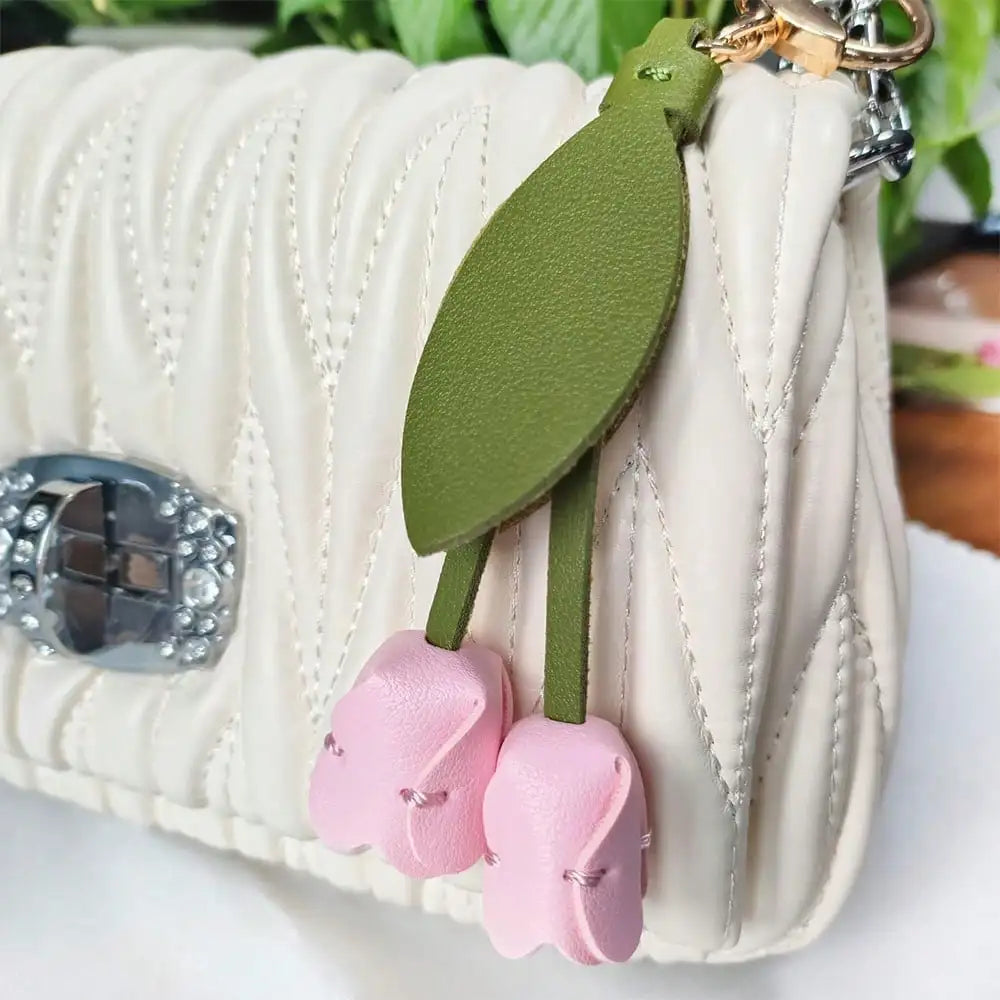 Fashion Tulip PU Leather Bag Charm Keychain – Cute Flower & Leaf Pendant, Creative Handbag Decoration Gift for Family & Friends