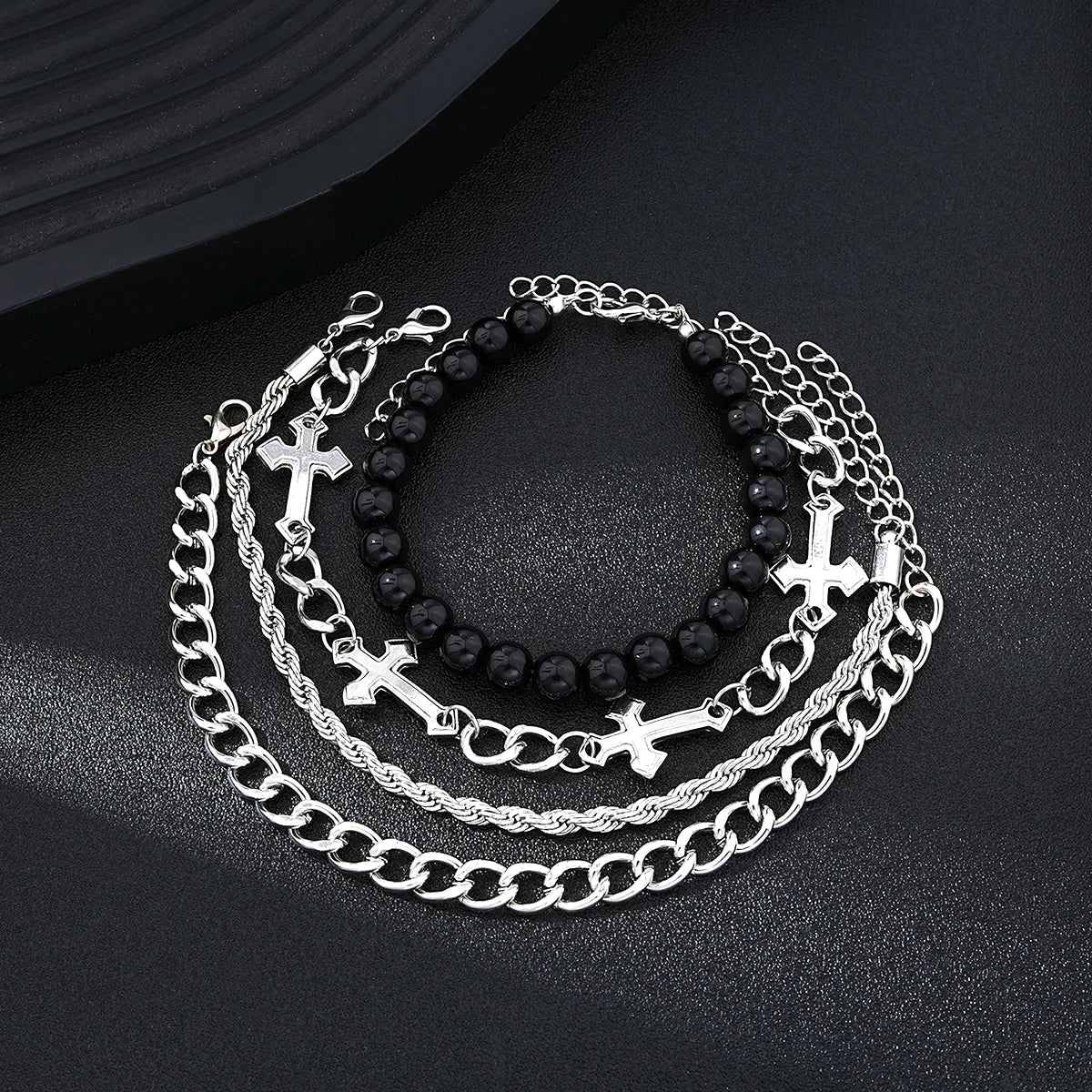 4-Piece Stainless Steel Bracelet Set - Punk Cross Bead Chain Bracelets for Men & Women