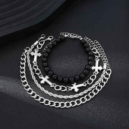 4-Piece Stainless Steel Bracelet Set - Punk Cross Bead Chain Bracelets for Men & Women