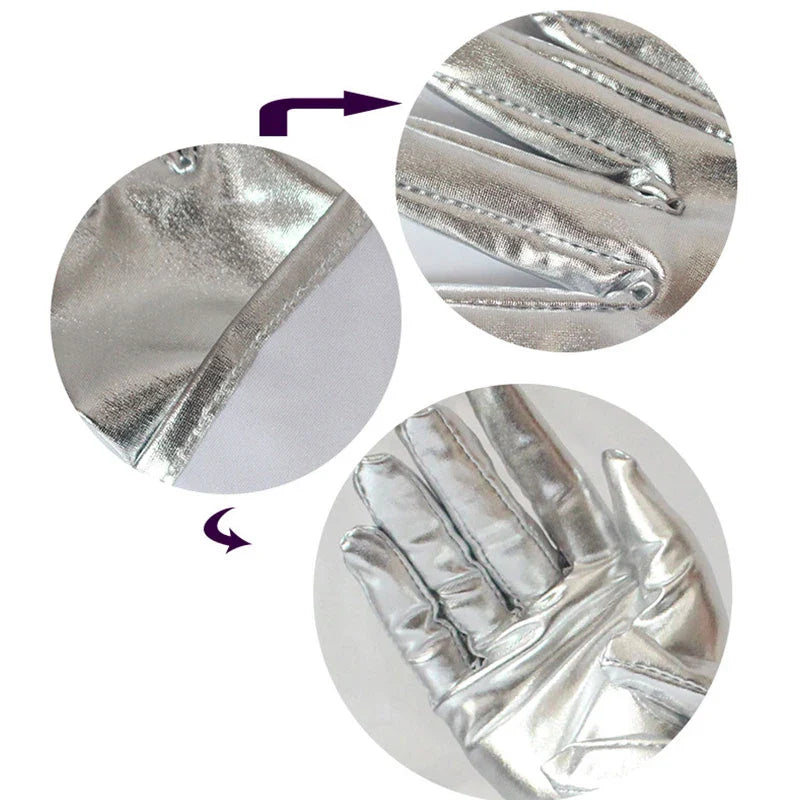 Gold Silver Metallic Faux Leather Short Gloves – Sexy Wet Look Party, Evening & Performance Mittens Handwear