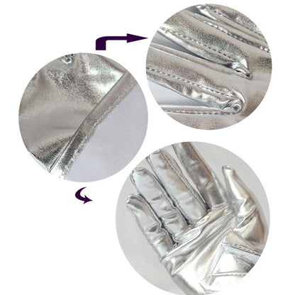 Gold Silver Metallic Faux Leather Short Gloves – Sexy Wet Look Party, Evening & Performance Mittens Handwear