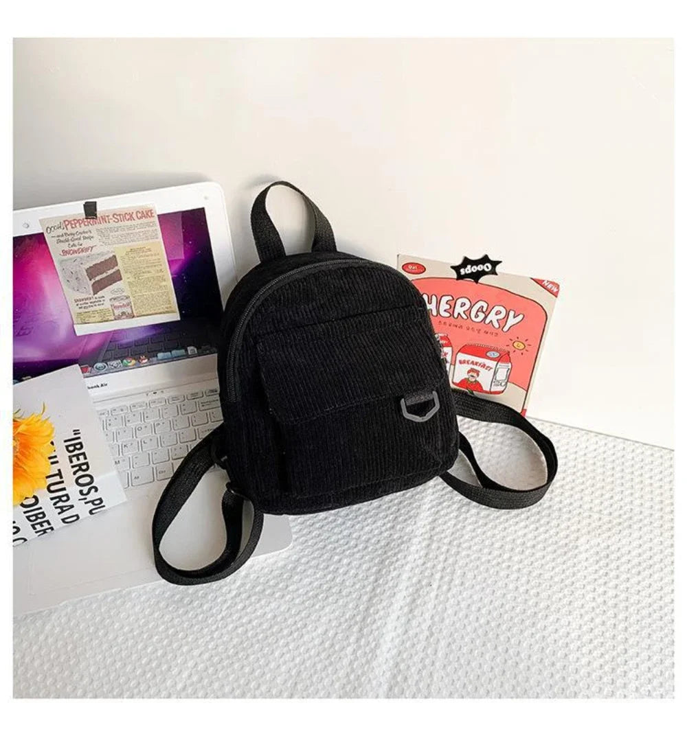 Women's Mini Backpack - Fashionable Solid Color Corduroy Casual Schoolbag with Large Capacity