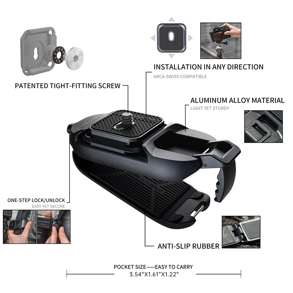 PGYTECH Beetle Camera Clip with Plate — Quick Release System for Sony, Nikon, DSLR & Action Cameras with Backpack Strap Mount