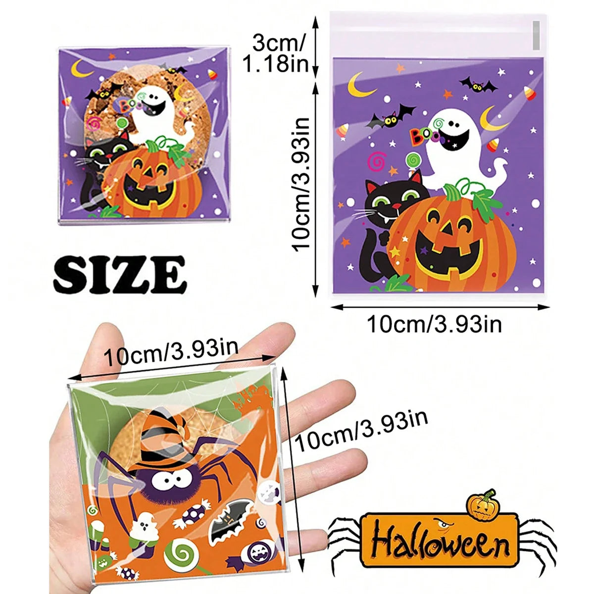 Halloween Candy Bags - Clear Self-Adhesive Treat Bags for Party Favors, Cookies & Gifts