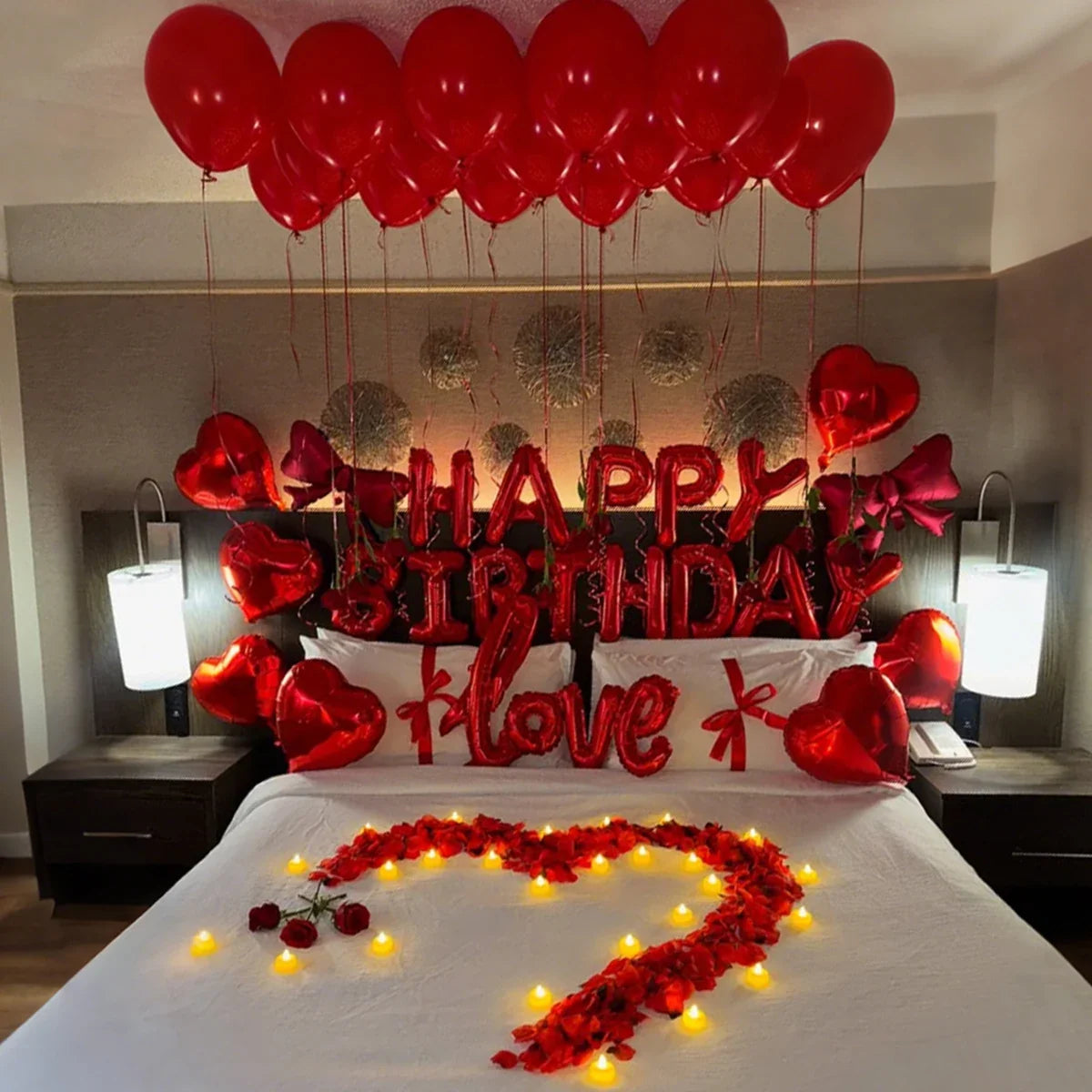 Red Birthday Balloon Set - Heart Foil Balloons with Bow & Simulated Rose Petals for Valentine’s Day Party Decor