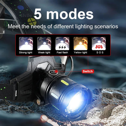 18,000,000LM Powerful Rechargeable LED Headlamp – Dual White & Yellow Light, 3KM Long Range High Brightness Headlight for Camping, Fishing & Outdoor Use