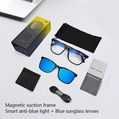 Hot GS05 2-in-1 Smart Glasses for Men – UV Protection, Polarized Anti-Blue Light Sunglasses with Music, Black Frame & White Lenses