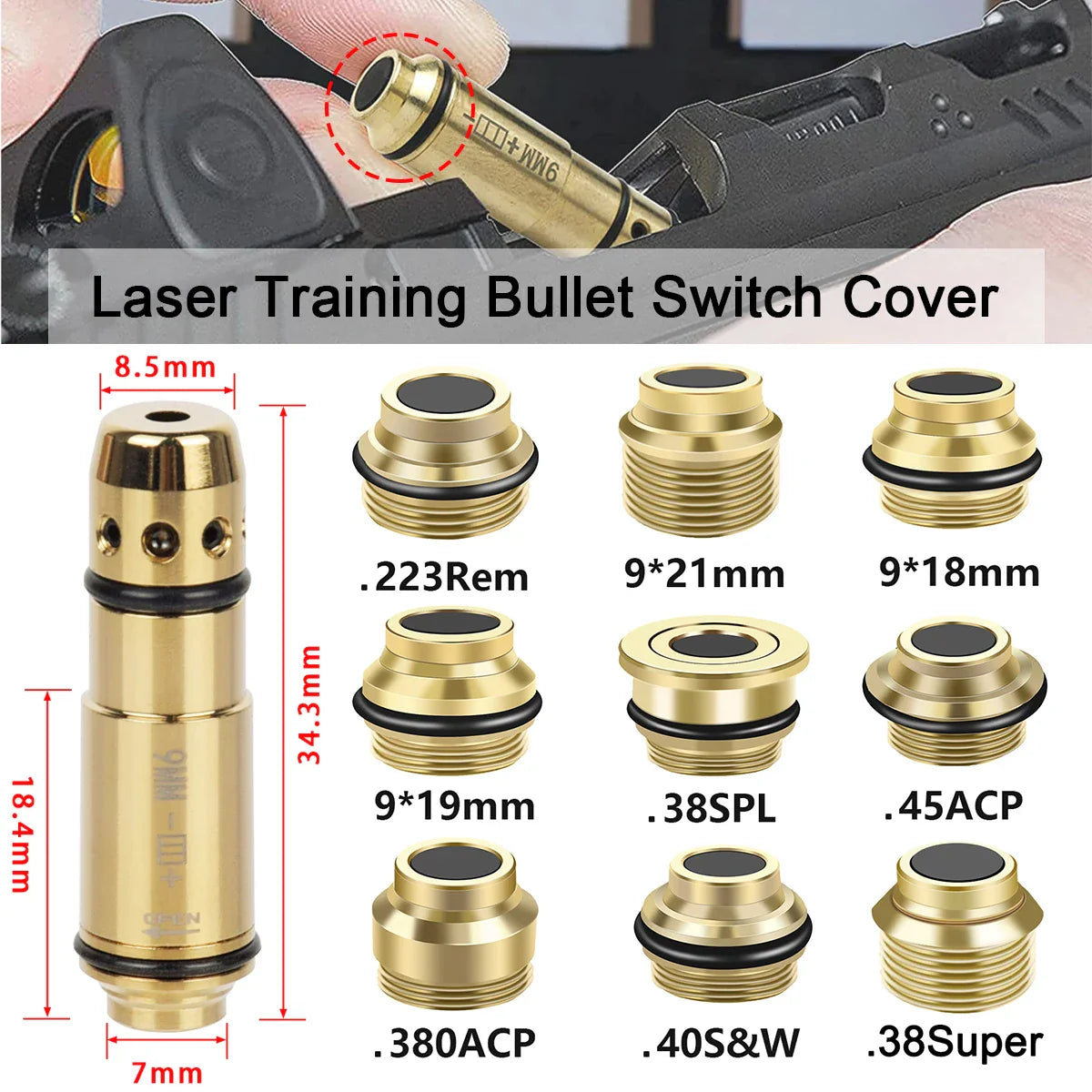 Red Dot Laser Training Bullet Switch Cover — Cartridge Boresighter for .223Rem, .380ACP, .40S&W, 9x19mm Taurus G2C Trainer
