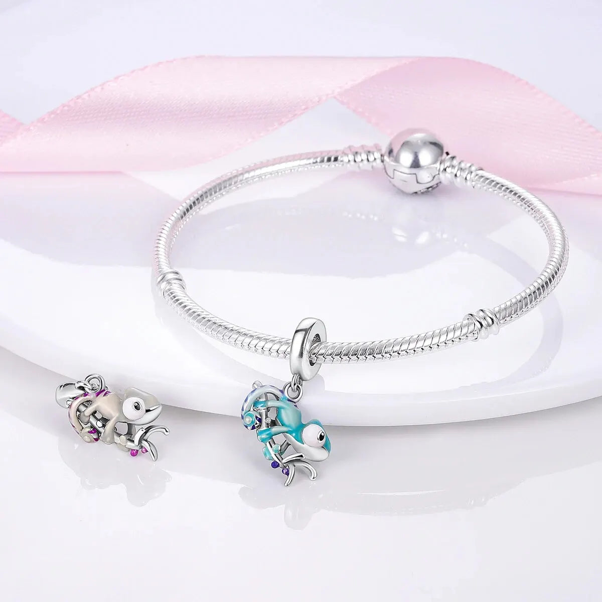 MULA Chameleon Silver-Plated Charm with Color-Changing Crystal Ball - DIY Snake Chain Bracelet Jewelry Gift for Women