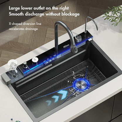 304 Stainless Steel Waterfall Kitchen Sink – Large Single Slot with Digital Display Faucet, Soap Dispenser and Cup Washer Set
