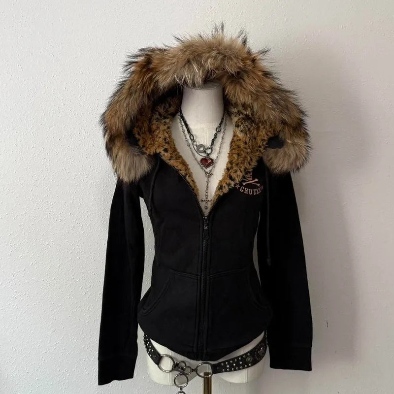 Y2K Harajuku Skull Embroidered Padded Coat - Vintage Hip Hop Faux Fur Collar Casual Couple Jacket