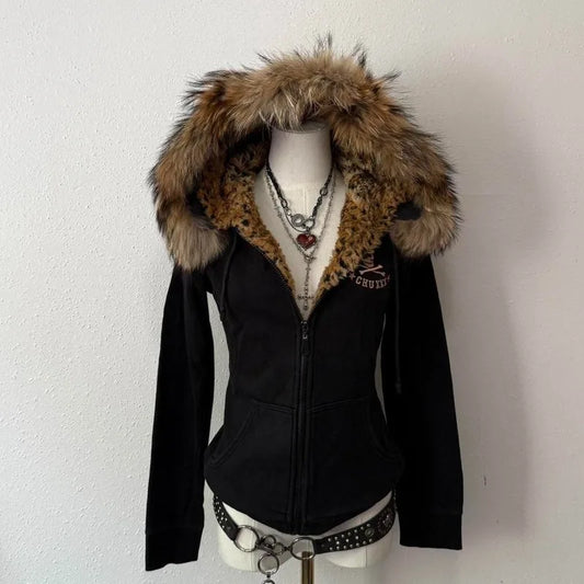 Y2K Harajuku Skull Embroidered Padded Coat - Vintage Hip Hop Faux Fur Collar Casual Couple Jacket