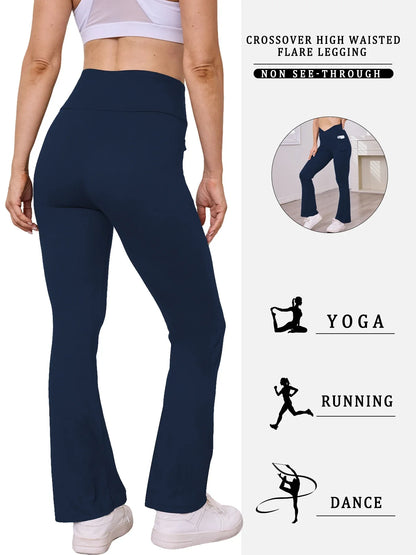 Women’s Super Soft High Waisted Flare Leggings – Crossover Waist Tummy Control Yoga Pants with Pockets Fitness Activewear