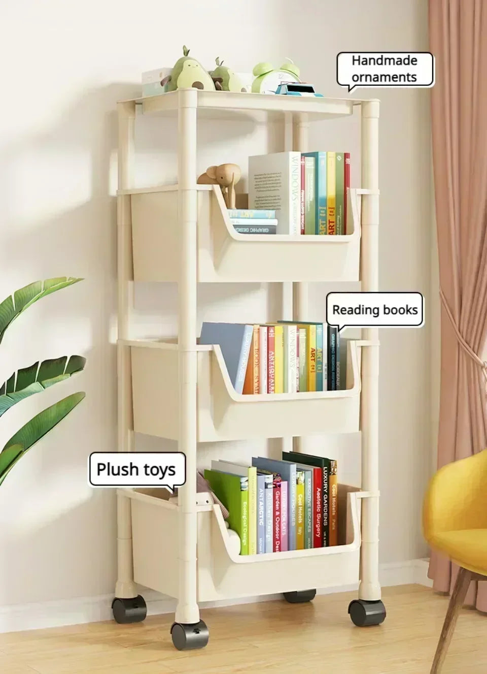 Movable Trolley Bookshelf – Portable Kitchen, Bathroom, and Living Room Storage Cabinet with Corner Narrow Shelf