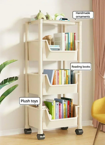 Movable Trolley Bookshelf – Portable Kitchen, Bathroom, and Living Room Storage Cabinet with Corner Narrow Shelf