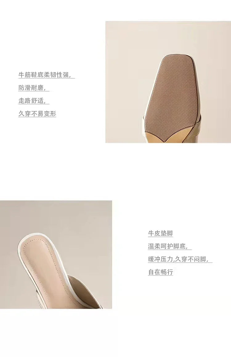Fashion Women’s Half Slippers — Outdoor Med-Heeled Slides with Toe Chain Decoration, Luxury Square Heel Sandals 2023