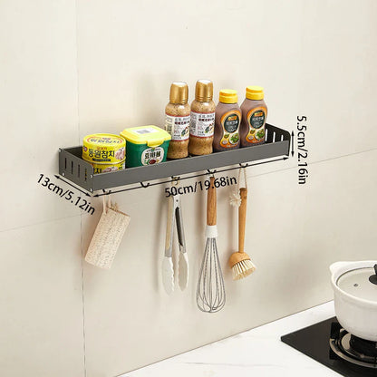 Wall-Mounted Kitchen Spice Rack Organizer with Hanging Hooks – Kitchen Storage Shelf for Condiments
