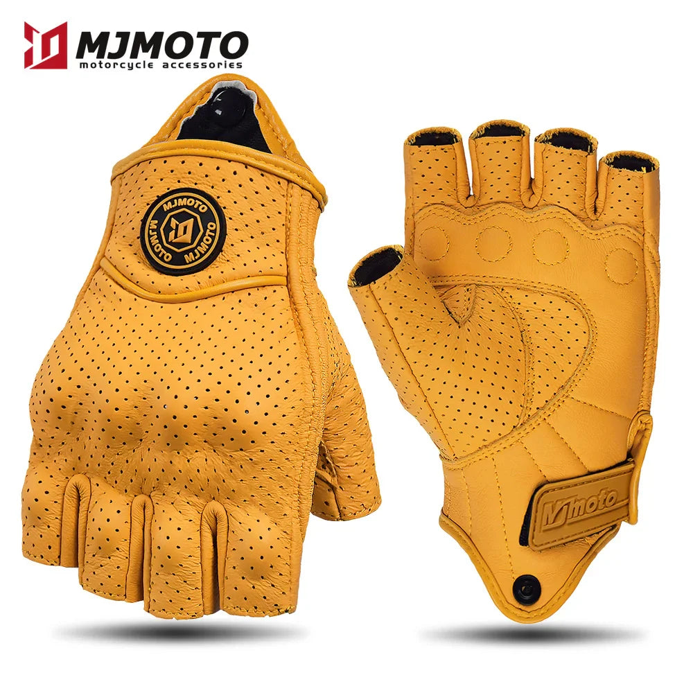 MJMOTO Retro Leather Motorcycle Half Finger Gloves – Touchscreen Motocross Gloves with Hard Shell Protection, Breathable Design
