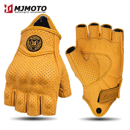 MJMOTO Retro Leather Motorcycle Half Finger Gloves – Touchscreen Motocross Gloves with Hard Shell Protection, Breathable Design