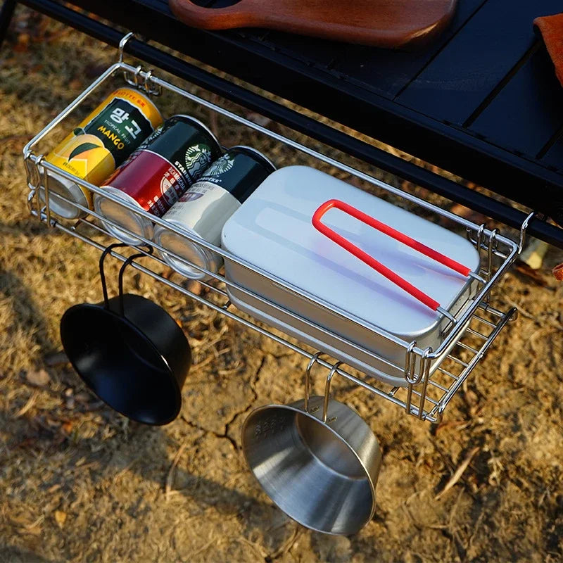 Outdoor Aluminum Table Side Storage Rack - Hanging Mesh Basket Extension Bracket for IGT Folding Tables, Camping & Travel Gear
