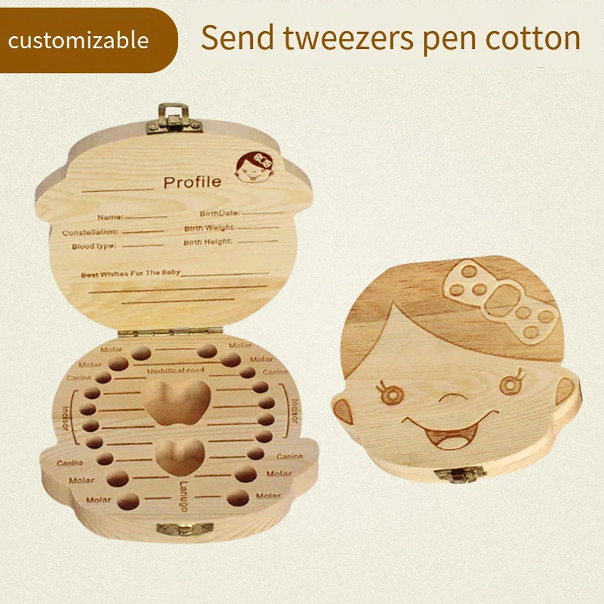 Wooden Baby Tooth & Fetal Hair Storage Box – Keepsake Souvenir Box for Baby Teeth and Hair, Tooth Fairy Collection Box