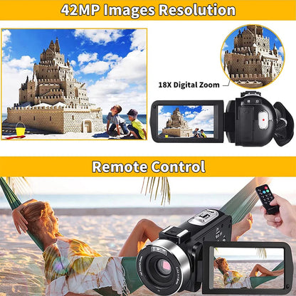 4K Digital Video Camera – 42MP 2-in-1 Photo & Video Camcorder, 18X Zoom, 3.0-inch Rotatable Screen, High Definition
