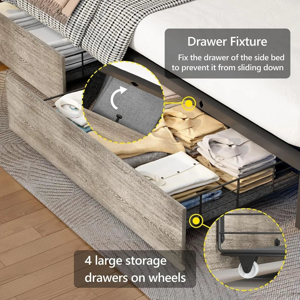 Full Size Upholstered Bed Frame with Storage Drawers, Bookcase Headboard, LED Lights & USB Charging Station